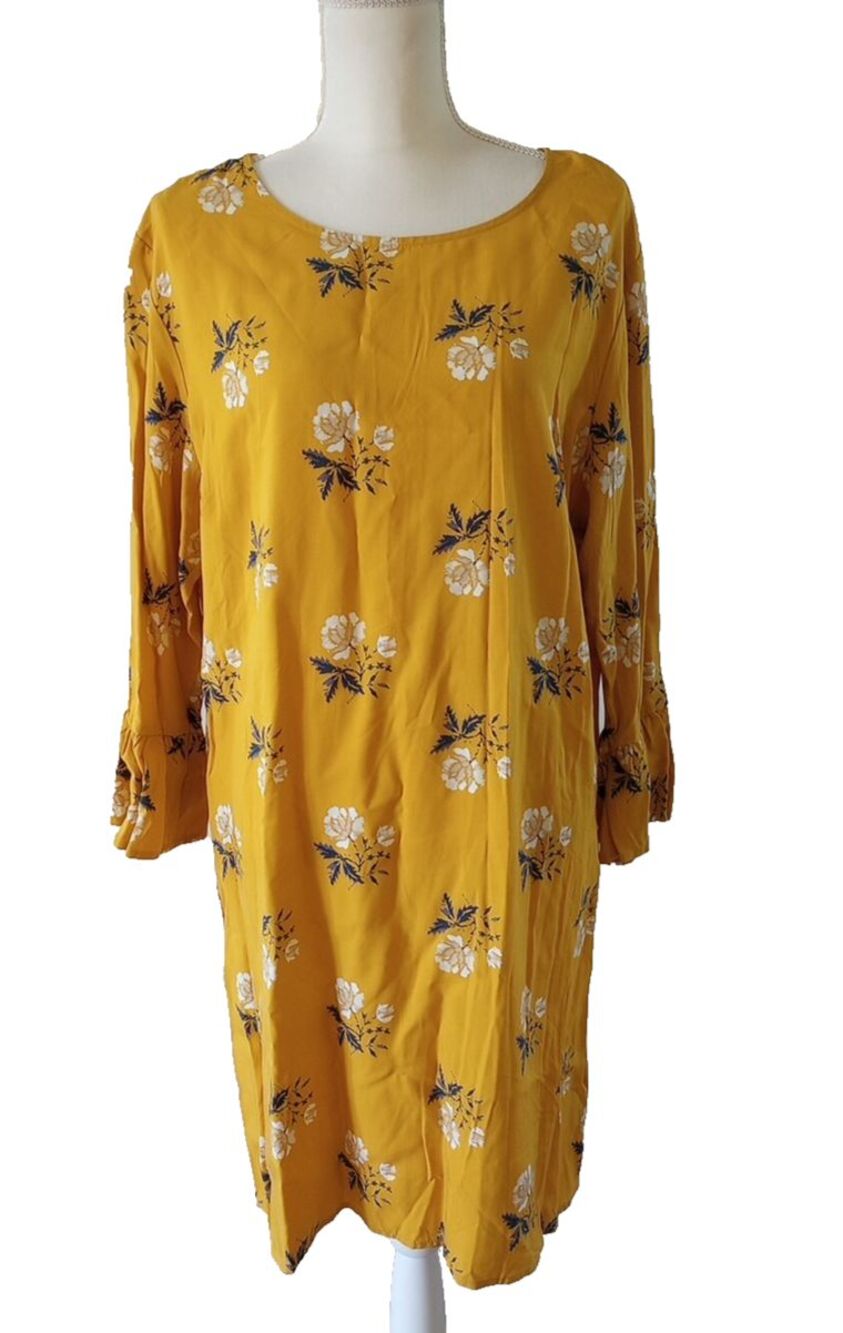 Old Navy XL Sheath Dress Floral Bell Sleeves Rayon Mustard Yellow Boho Garden